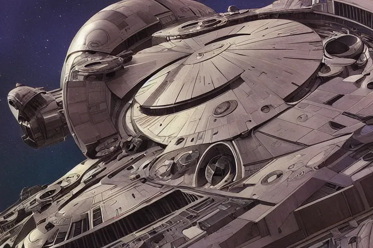 Image similar to the millenium falcon built from organic components, soft, sharp focus, detailed, sci-fi, hyperrealism, concept art by artgerm and Alphonse Mucha and Moebius