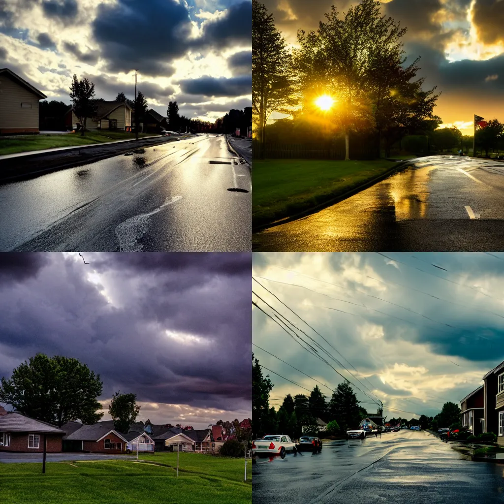 Prompt: rainy weather in the evening with the sunlight peeking through the clouds on an american suburb