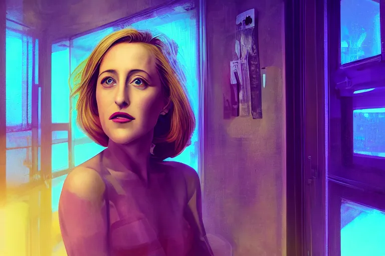 Prompt: Portrait of young Gillian Anderson in a cyberpunk appartment , neon lighting, model, HDR, 24MP, fantasy, high detail, elegant, digital painting, rossdraws global illumination, vibrant, intricate, textured skin, highly detailed, artstation, sharp, focus, illustration, Anna Dittmann, Ilya Kuvshinov, Nikolay Makovsky