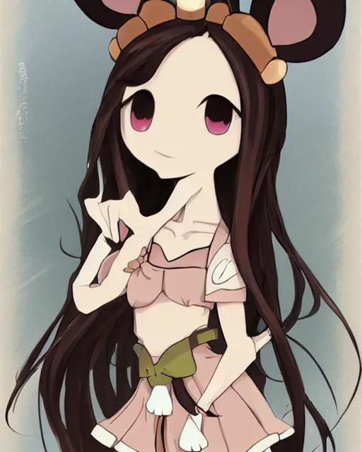 Image similar to A cute wakfu-style frontal painting of a very very beautiful anime skinny mousegirl with long wavy brown colored hair and small mouse ears on top of her head wearing a cute black dress and black shoes looking at the viewer, elegant, delicate, feminine, sharp focus, higly detailed, smooth , pixiv art, ArtStation, artgem, art by alphonse mucha Gil Elvgren and Greg rutkowski, high quality, digital illustration, concept art, very long shot