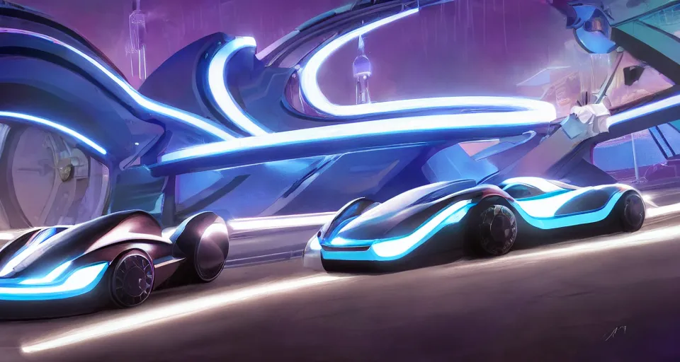 Image similar to dream tron tesla light cycle race, hot wheels, wipe out, hyper realistic, concept art, smooth, high contrast, volumetric lighting, octane, raytrace, syd mead, artgerm, jim lee,