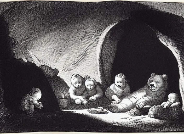 Image similar to Pieter Claesz's 'a bear and her cubs sleeping in a dark cave, lit by campfire', night time, cross hatching, framed, monochrome