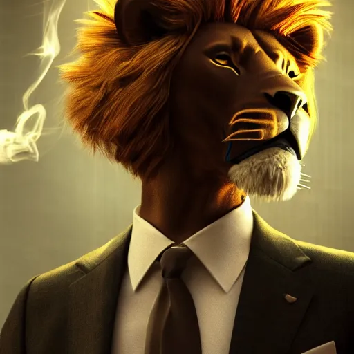 Image similar to a lion smoking a cigar wearing a suit, subject= lion, subject detail: wearing a suit, subject action: smoking a cigar, dramatic lighting, cinematic lighting, establishing shot, photorealistic, high details, cinematic, 8k resolution, extremly detailed, photorealistic, artstation, unreal engine