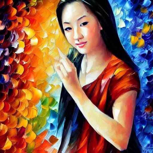 Image similar to a leonid afremov oil painting of a beautiful asian girl