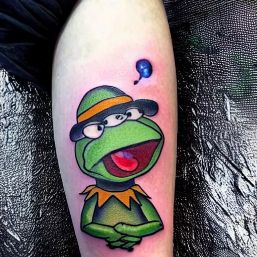 Prompt: a tattoo of kermit the frog