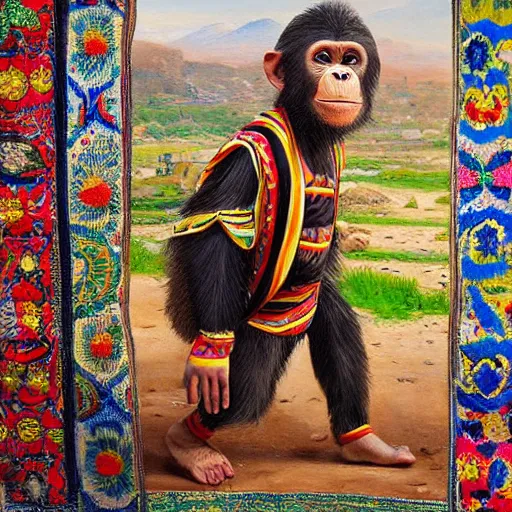 Prompt: beautiful painting by sophie anderson of a chimpanzee wearing kurdish clothes in a kurdish village, award winning art, insanely detailed, bright colors, global illumination, cute, young, stunning