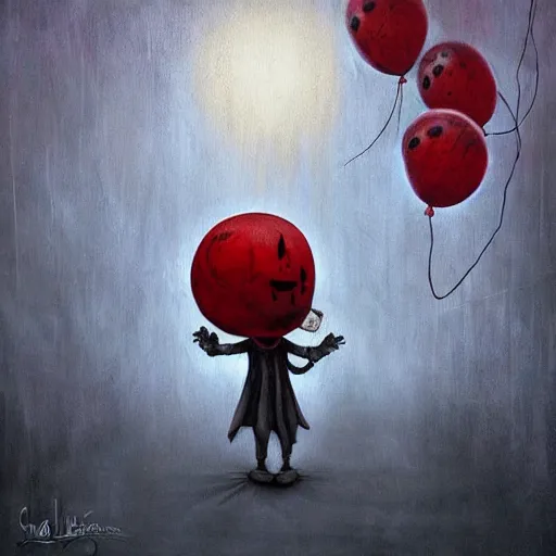 Prompt: grunge painting of creepy pasta with a wide smile and a red balloon by chris leib, loony toons style, pennywise style, corpse bride style, horror theme, detailed, elegant, intricate, Atmospheric phenomenon, conceptual, volumetric light