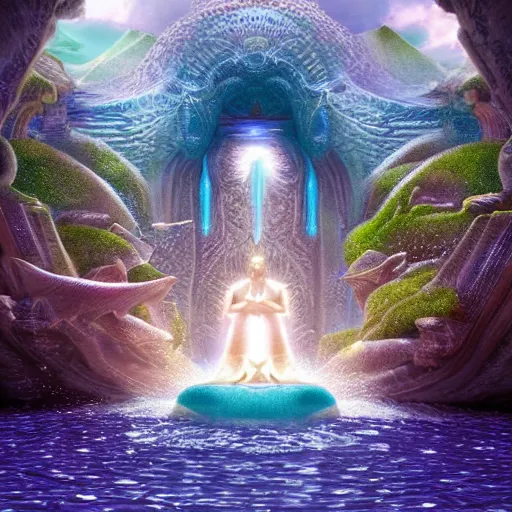 Image similar to unreal engine, octane render, intricate detail, gilbert williams portrait of a crystal temple in atlantis, iridescent dolphins swimming in the sea, unicorn flying in the sky, paleozoic atlantis