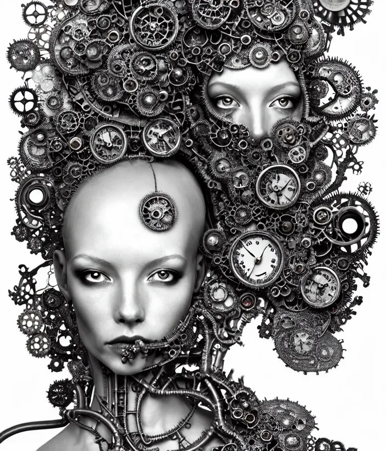 Image similar to highly detailed photo portrait of complex bio-mechanical beautiful young female stone cyborg with a Mandelbrot fractal steampunk metal fine lace face, retrofuturistic depressing hopeless horrific vibe, radiating dark energy aura, curled silver hair and a fine metal floral foliage super big lace collar by Alexander McQueen:: high fashion, haute couture, rococo, steampunk, silver filigree details, anatomical, facial muscles, cable wires, microchip, elegant, hyper realistic, 150 mm lens, soft rim light, octane render, unreal engine, volumetric lighting, 8k, muted reflective metallic coloring, sharp focus