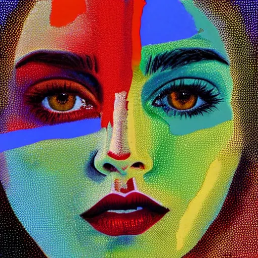 Image similar to a painting of emma watson face with red, yellow, and blue colors, a pointillism painting by mati klarwein, shutterstock contest winner, computer art, impressionism, digitally enhanced, painterly