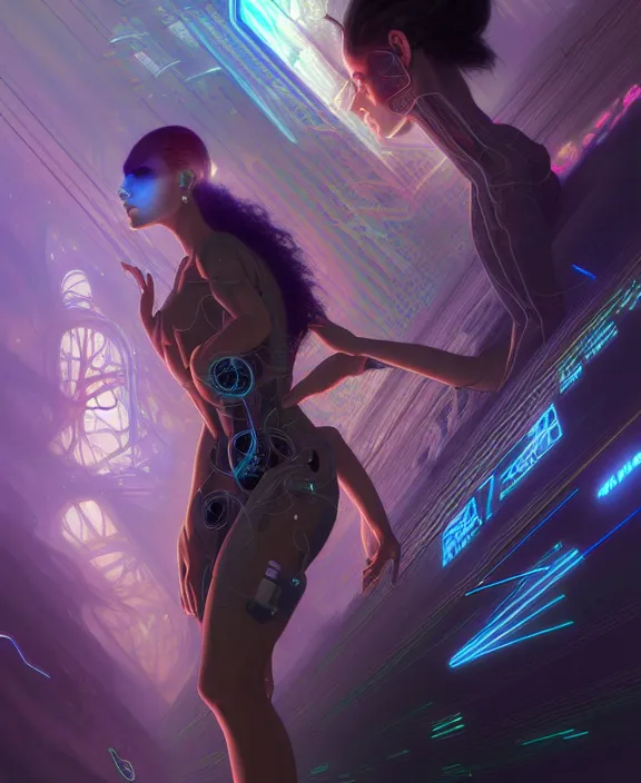 Image similar to a whirlwind of souls rushing inside the metaverse, hologram, half body, neurochip, shaved temple, piercing, jewelry, android, cyborg, cyberpunk face, by loish, d & d, fantasy, intricate, elegant, highly detailed, colorful, digital painting, artstation, concept art, art by artgerm and greg rutkowski and alphonse mucha