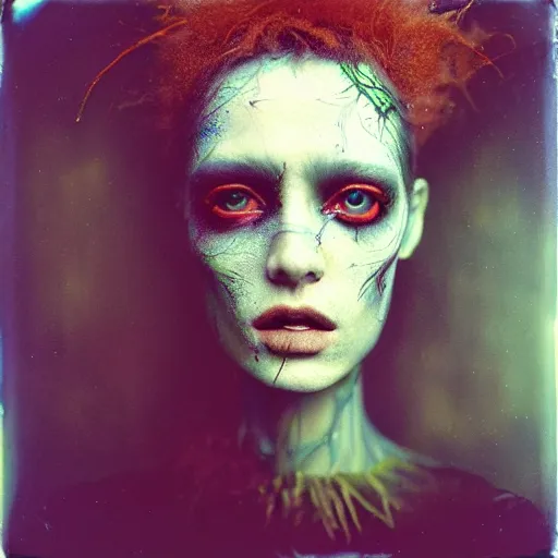 Image similar to kodak portra 4 0 0, wetplate, photo of a surreal artsy dream scene,, weird fashion, in the nature, highly detailed face, very beautiful model, portrait, expressive eyes, close up, extravagant dress, carneval, animal, wtf, photographed by paolo roversi style and julia hetta