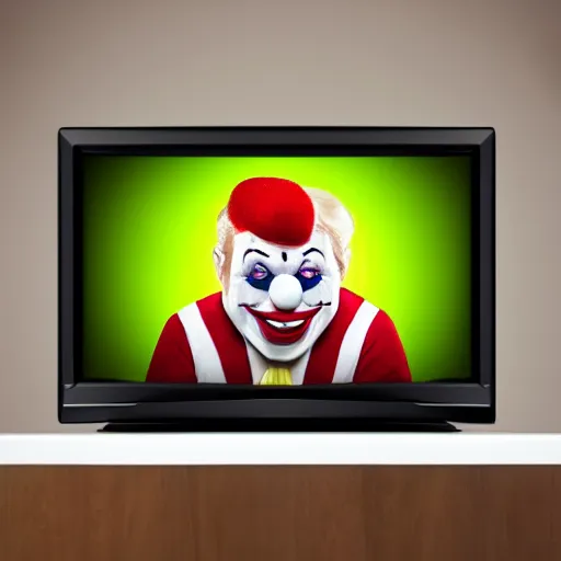 Prompt: photo of a television with a president with clown face giving a speech