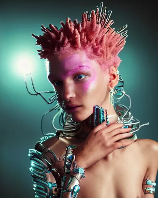 Prompt: natural light, soft focus portrait of a cyberpunk anthropomorphic anemone with soft synthetic pink skin, blue bioluminescent plastics, smooth shiny metal, elaborate ornate jewellery, piercings, skin textures, by annie leibovitz, paul lehr