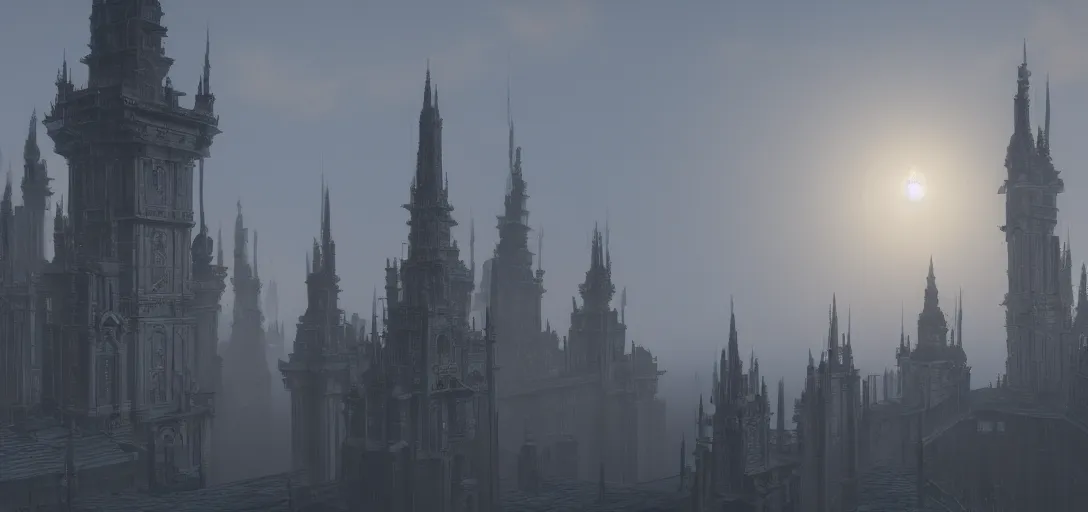 Prompt: A palace with a thousand long, thin spires of metal. Sunset. Thick atmosphere of fog. 4K. Many intrincate details.