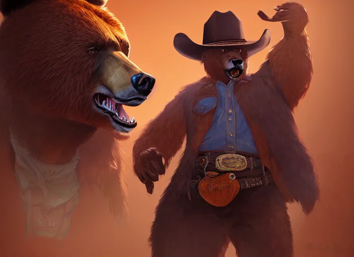 Prompt: character portrait feature of the anthro male anthropomorphic kamchatka brown bear fursona wearing cowboy outfit wild west desperado character design stylized by charlie bowater, ross tran, artgerm, and makoto shinkai, detailed, soft lighting, rendered in octane