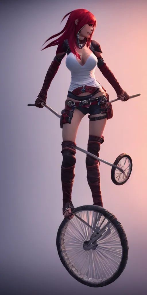 Prompt: Katarina from League of Legends on a unicycle, photorealistic full body, studio lighting, unreal engine 5, hyperrealistic, dynamic lighting, white ambient background, realistic, highly detailed