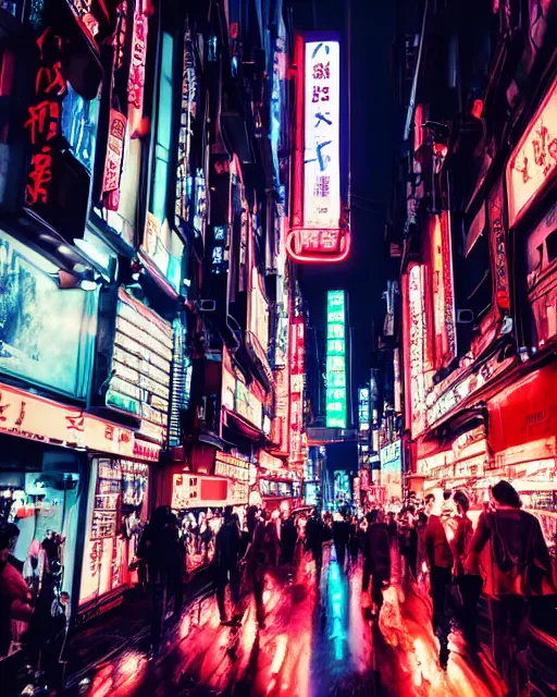 Image similar to futuristic tokyo crowded night street with neon signs by giorgio vasari, the animatrix, atmospheric, cinematic composition, 8 k, cyberpunk lighting, blade runner