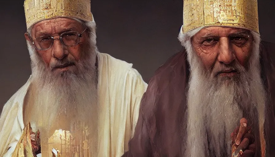 Prompt: beautiful oil painting with high detail of a gorgeous and elderly orthodox patriarch in the desert by artgerm and greg rutkowski and thomas kinkade
