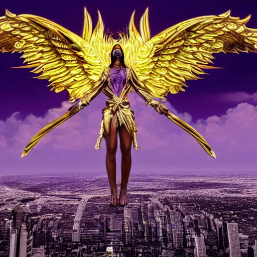 Image similar to a render of a gigantic biblically accurate angel with rings of fire and many eyes over a city, purple, gold, hyper detailed, realistic, photorealistic