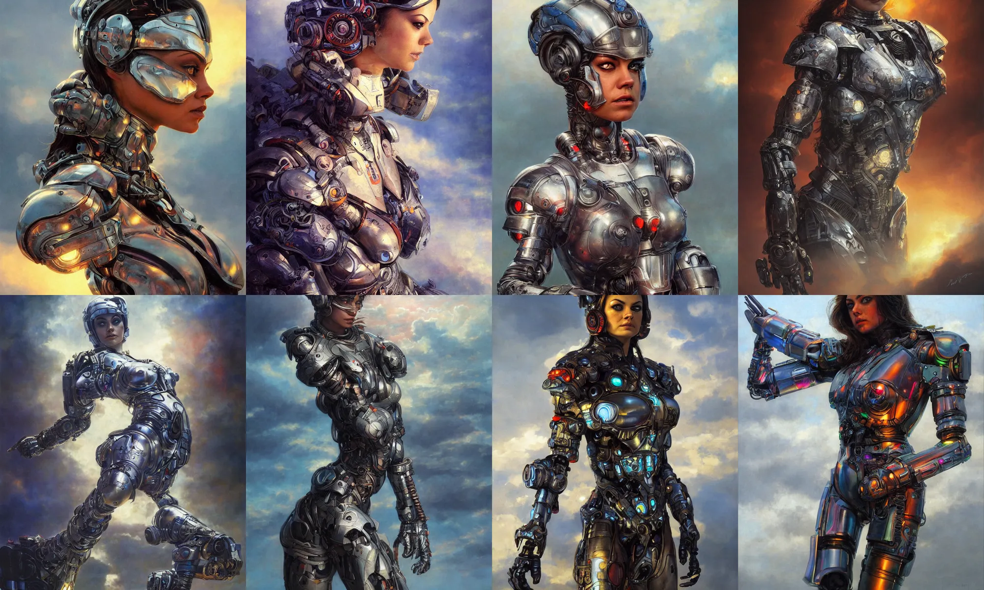 Prompt: portrait of epic mila kunis cyborg neon armor, in clouds, cinematic studio light, windy, sunrise, wlop, by gerald brom, by mikhail vrubel, by peter elson, muted colors, extreme detail, trending on artstation