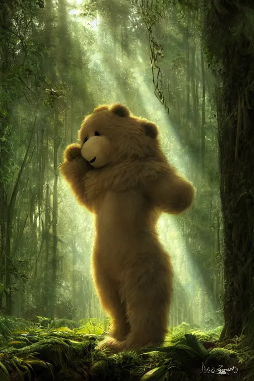 Image similar to mean fluffy teddybear protecting girl in a forest with rays of light coming through the canopy, masterpiece, dystopian, sci-fi, extremely detailed, digital painting, sculpted in zbrush, artstation, concept art, smooth, sharp focus, illustration, chiaroscuro lighting, golden ratio, incredible art, artgerm, greg rutkowski, alphonse mucha, simon stalenhag, carravaggio