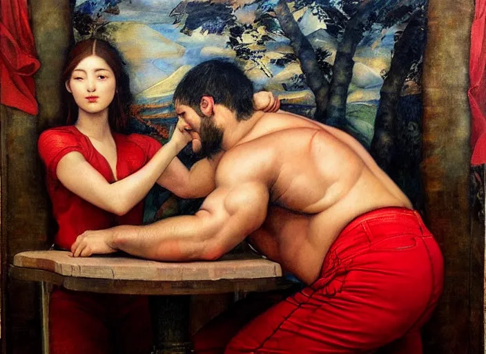 Prompt: Beautiful oil painting of Levan Saginashvili by Titian and Chie Yoshii, portrait, arm wrestling, wearing red shirt and jeans, 190 kg, insane muscles, giant forearms, intricate, face, elegant, red mist, highly detailed, dramatic lighting, sharp focus, trending on artstation, artstationHD, artstationHQ, unreal engine, 4k, 8k