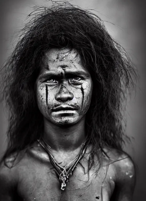 Image similar to Award winning Editorial photo of a Native Nauruans with incredible hair and beautiful hyper-detailed eyes wearing traditional garb by Lee Jeffries, 85mm ND 5, perfect lighting, gelatin silver process