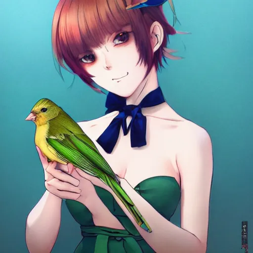 Image similar to colored pencil, anime art, beautiful full body female pinup girl, she is holding an indigo bunting bird, in her hand, the bird is wearing a bowtie, wlop, rossdraws sakimimichan, ilya kuvshinov, krenz cushart, greg rutkowski