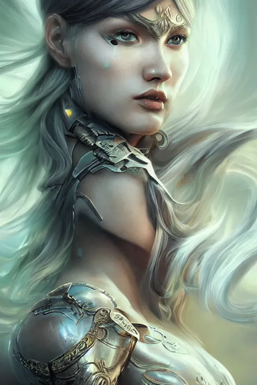 Image similar to Ethereal female warrior, intricate detail, ornate, conceptual art, soft light, dynamic, art by artgerm