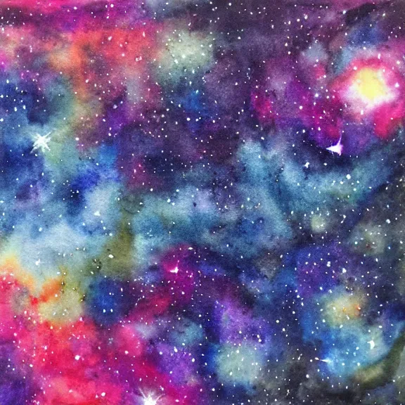 Image similar to starry sky in a night forest with galaxies and nebulae, watercolor painting