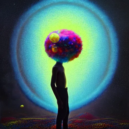 Prompt: AN 8K RESOLUTION MATTE PAINTING OF A BLACK BOY IN A FIELD OF GLOWING BUBBLES, bY CHRIS LEIB AND Alan Bean and Agostino Arrivabene in a surreal PORTRAIT style. Vibrant, VIVID COLORS, HIGHLY DETAILED, SYMETRICAL FACE, retro scifi, ASTROPHOTOGRAPHY