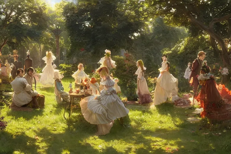 Image similar to an ornate victorian garden, party in front, scene in an open field. 1 8 9 0, key visual, conceptart, ambient lighting, highly detailed, digital painting, artstation, concept art, sharp focus, by makoto shinkai and akihiko yoshida and greg manchess