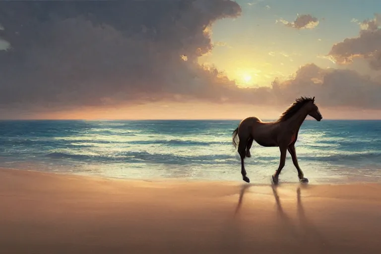 Image similar to a horse running on the beach at sunset by greg rutkowski