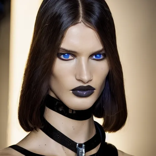 Image similar to A beautiful portrait of valery kaufman as Bond Girl from latest James Bond movie and a model at Versace fashion show as a model Spring/Summer 2018, highly detailed, in the style of cinematic, Milan fashion week backstage, Extreme close up, Makeup by Pat McGrath, Hair by Guido Palau, Greg rutkowski