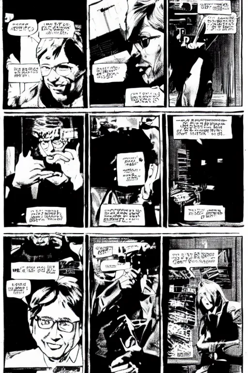 Image similar to microsoft co - founder bill gates presenting the xbox at ces, a page from cyberpunk 2 0 2 0, style of paolo parente, style of mike jackson, adam smasher, johnny silverhand, 1 9 9 0 s comic book style, white background, ink drawing, black and white