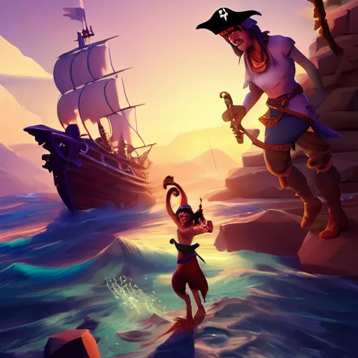 Image similar to jack the pirate and mermaid on sea of thieves game avatar hero, behance hd by jesper ejsing, by rhads, makoto shinkai and lois van baarle, ilya kuvshinov, rossdraws global illumination