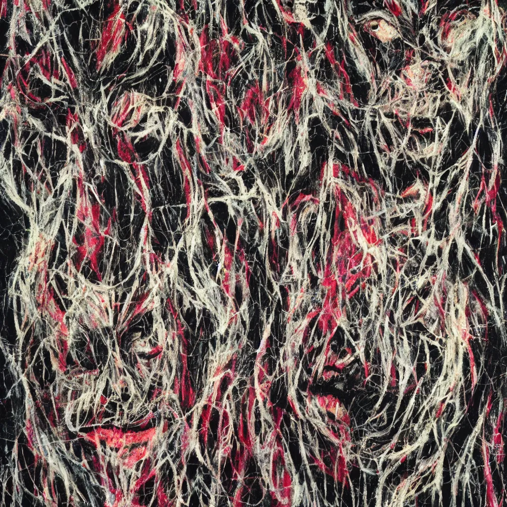 Image similar to camo made of teeth, smiling, abstract, francis bacon artwork, cryptic, dots, spots, stipple, lines, splotch, color tearing, pitch bending, faceless people, dark, ominous, eerie, hearts, minimal, points, technical, old painting, neon colors, folds