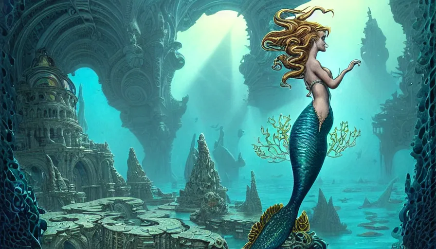 Image similar to a beautiful mermaid looking at the sunken city of Atlantis under water, rays of sunlight, stunning undersea intricate detailed grand architecture in the style of Joe Fenton, art style by Greg Rutkowski and Mohrbacher, graceful mermaid style by Tom Whalen, deep underwater scene, dark and moody, faint volumetric god rays, grim crushing atmosphere, trending on artstation, masterpiece, claustrophobic