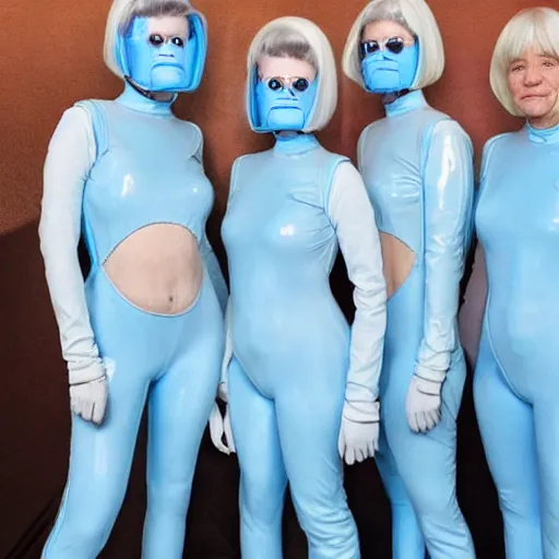 Image similar to troop 1 2 0 - year - old grannies with white bob hairdos, tight light blue latex body suits, futuristic cloning facility, sci - fi, highly detailed, cinematic