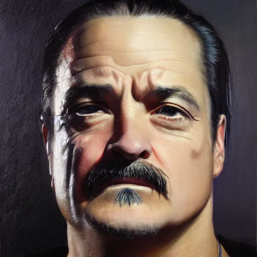 Image similar to stunning serene portrait of Mike Patton of faith no more in style of Mark Arian, oil on canvas, masterpiece, realism, piercing gaze, autumn bokeh