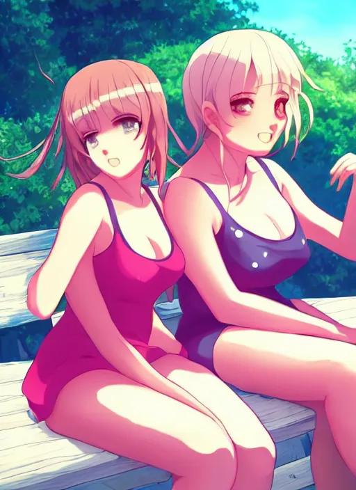 Image similar to two beautiful mothers sitting on a hot summer evening, gorgeous faces, thick lines, cinematic lighting, detailed anime art