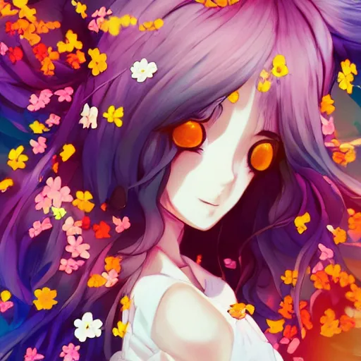 Image similar to spaciously scattered multi colored flower petals flowing through the air from left to right on a clean background, anime, artgerm, manga, trending on artstation, wlop, artgerm