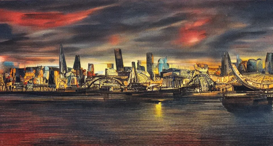 Image similar to color sketch of the london skyline, highly detailed, dramatic lighting, intense shadows, rich deep colours, by salvador dali