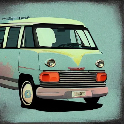 Prompt: retro painting illustration of a volswagen van, 2 d, pastel color, retro style art, trendy on artstation