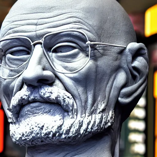 Image similar to extree long - shot photograph of a very detailed renaissance clay sculpture of walter white wearing a phrygian cap in times square, made by michelangelo, hyper detailed, sharp focus, 8 k resolution, ray tracing