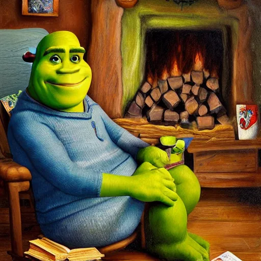 Image similar to !dream happy Shrek with brown hair sitting by the fireplace, reading a book, drinking tea, in a comfortable chair, cozy atmosphere, home, warm hues, oil painting, realistic