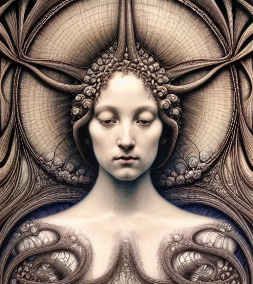 Image similar to detailed realistic beautiful rose goddess face portrait by jean delville, gustave dore, iris van herpen and marco mazzoni, art forms of nature by ernst haeckel, art nouveau, symbolist, visionary, gothic, neo - gothic, pre - raphaelite, fractal lace, intricate alien botanicals, ai biodiversity, surreality, hyperdetailed ultrasharp octane render