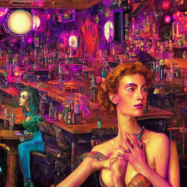 Image similar to beautiful psychedelic digital art of a beautiful cyberpunk lady in a cozy bar by Mad Dog Jones, Norman Rockwell and Ben Erdt