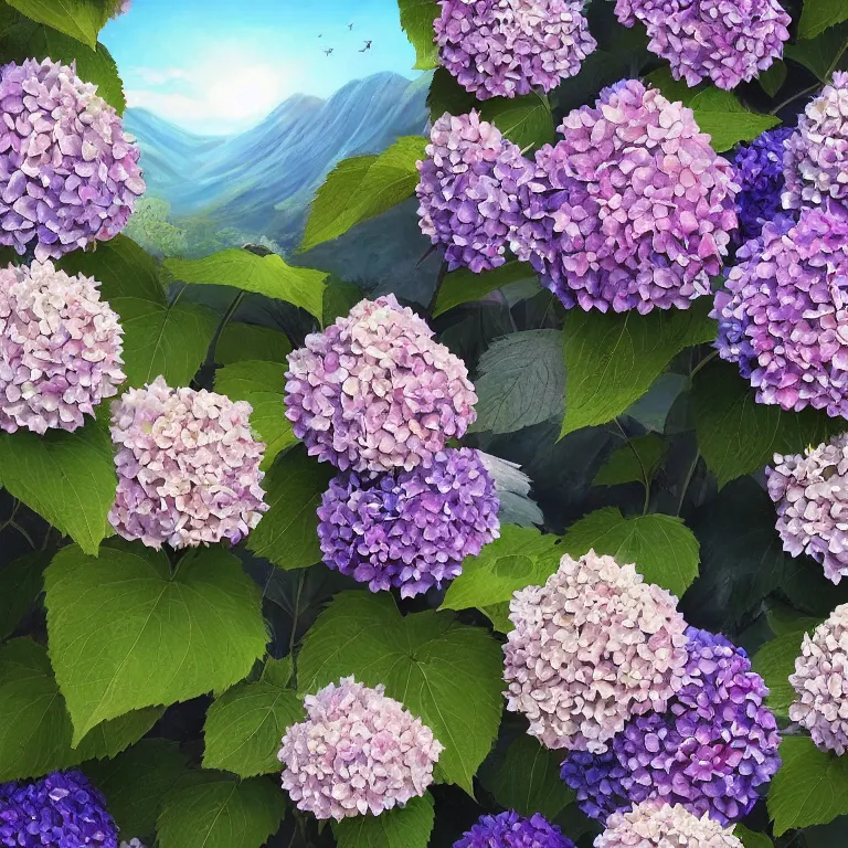 Prompt: a beautiful painting of hydrangea and a landscape of the mountain valley, clematis theme logo, clematis theme banner, clematis design, clematis in the deep sea, clematis like stars in the sky, hydrangea, trending on artstation, warm light, lovely and cute, fantasy art, 8 k resolution, highly detailed